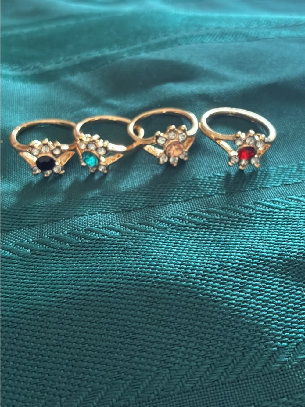 Gold Flower Cluster Rings with Colored Gemstones - Set of 4